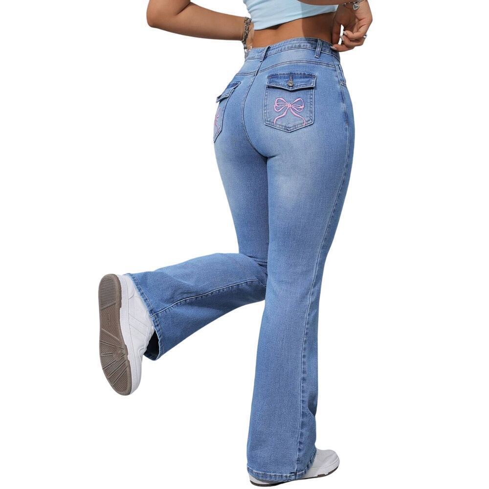 Embroidery Bow Detail Flared Leg Jeans in Blue, Size 2/26​​​